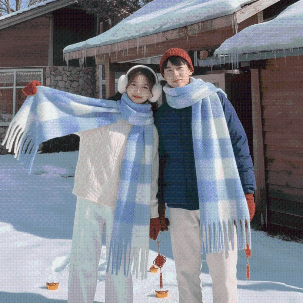 Blue White Plaid Fringe Scarf Long Tassels Tartan Checkered Winter Warm Shawl Unisex Style Thick Woolen Blue Checkered Muffler