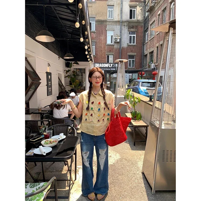 Vintage Azzurro Y2k Baggy Jeans strappati Donna Harajuku Anni '90 Pantaloni in denim oversize Streetwear Pantaloni retrò americani anni 2000