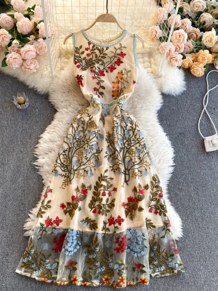 

Hikigawa Chic Fashion Women Vintage Elegant O Neck Sleeveless Slim Dresses Heavy Embroidery Gauze Evening Vestidos Mujer