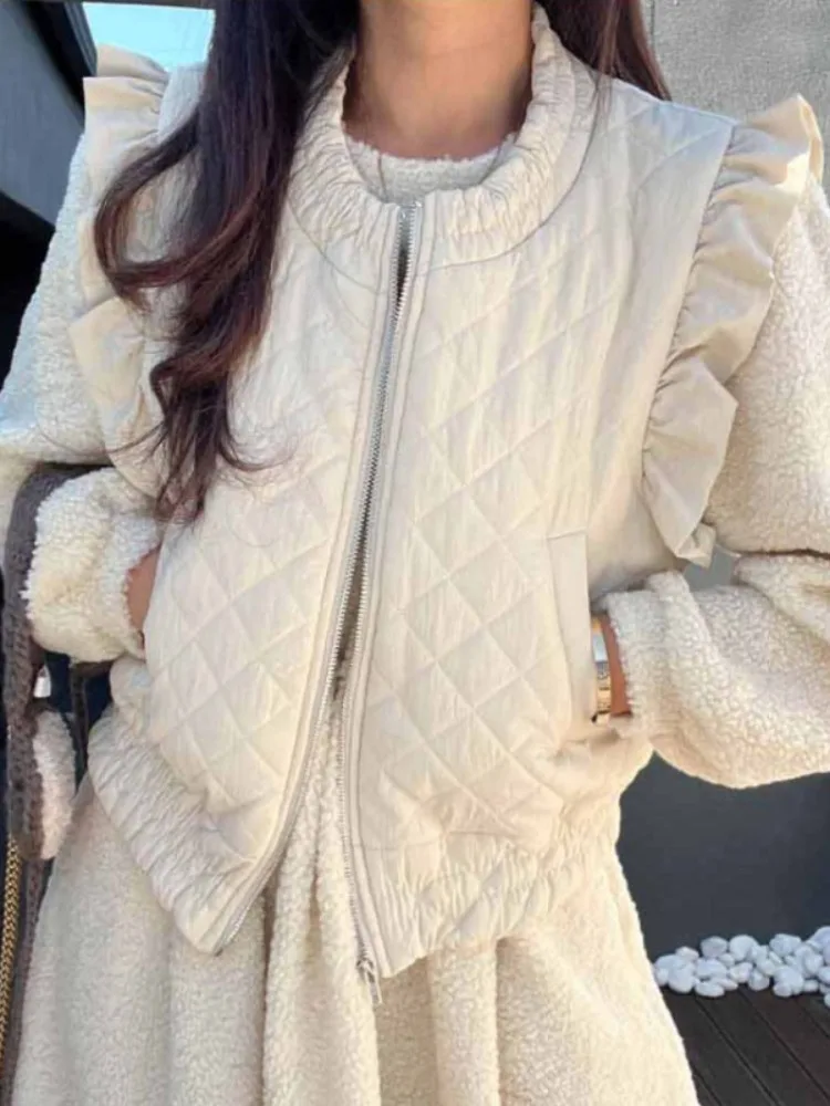 Chaleco de invierno para mujer, estilo coreano, dulce y juvenil, con estampado de diamantes, acolchado, sin mangas, de algodón, para capas, a la moda