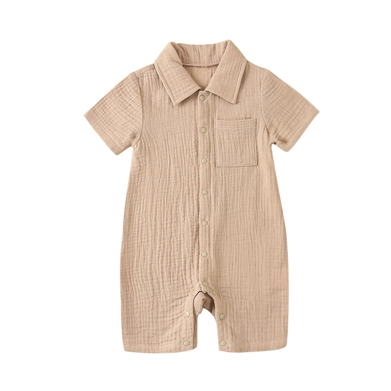 AEEMCEM Newborn Baby Boy Clothes Muslin Button Up Shirt Romper Jumpsuit Solid Short Sleeve Collared Bodysuit  Outfit