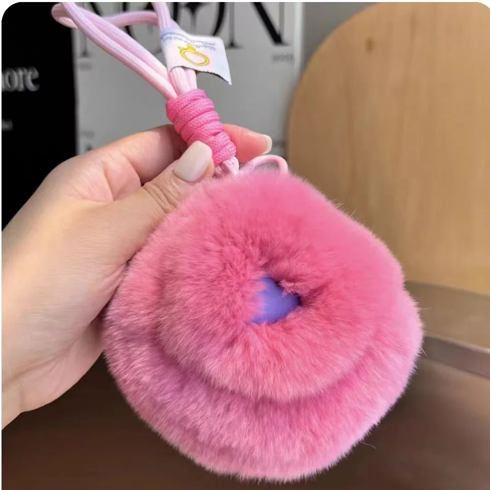 Cute Real Rex Rabbit Fur Keychain Pouch, Fluffy Earphone Case Car Key Holder for Bag Charm, Soft Plush Gift for Women Girls