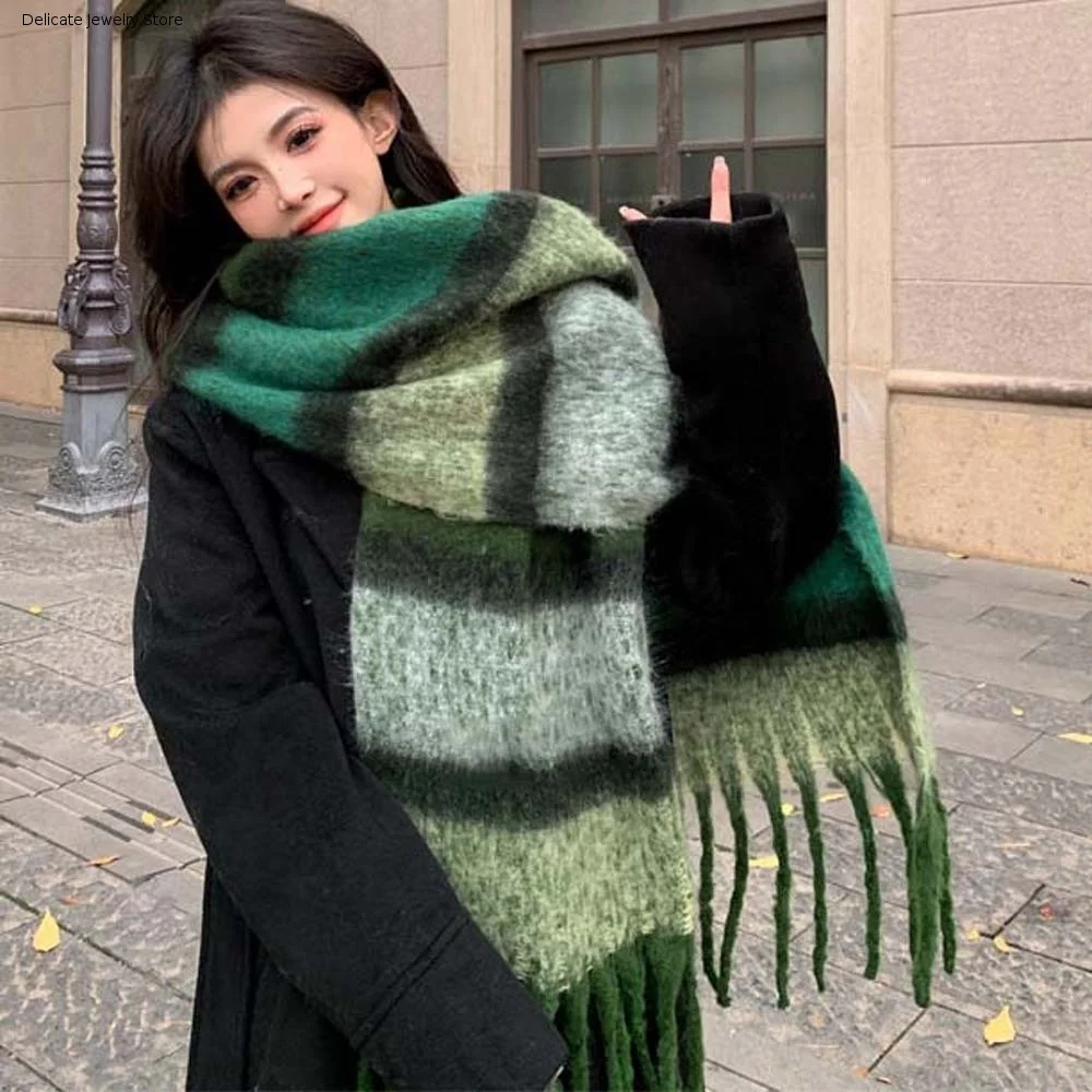 Chunky Neckwear Thick Winter Scarves Thermal Windproof Tassel Shawls Soft Washable Plaid Mufflers Chilly Street
