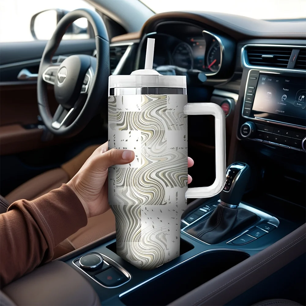 Modern Abstract Distressed Block Wavy Pattern Printed Insulated Travel Tumbler with Convenient Handle And Reusable Drinking Straw view 5