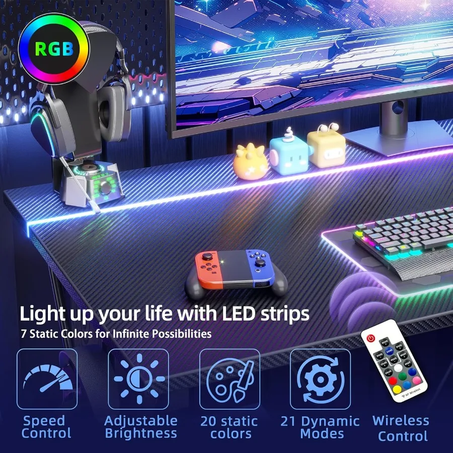 مكتب ألعاب مريح مقاس 47 بوصة مع منافذ طاقة مدمجة وإضاءة LED محيطة عمل الكمبيوتر بلمسة نهائية من ألياف الكربون F #5