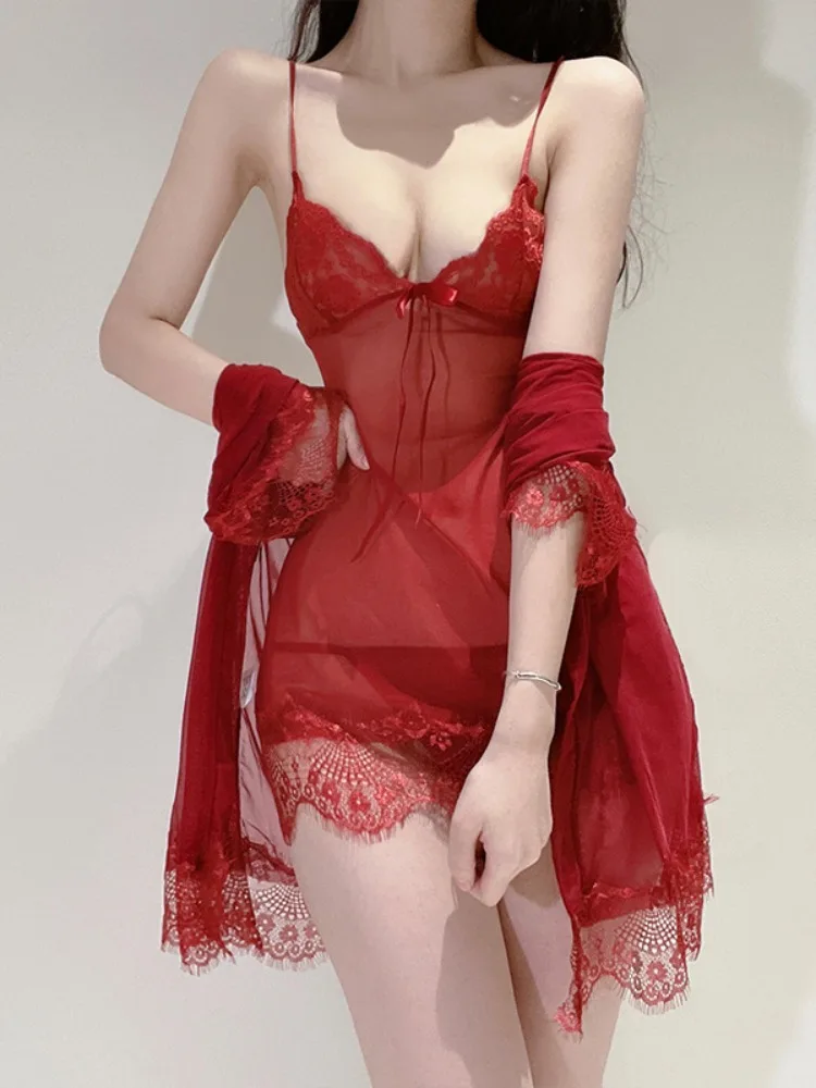 

Lace Sexy See Through Sleepwear Sets Woman Dress Front Split Female Nightgown Seductive Pajama Erotic Transparent Nightwear Sexy