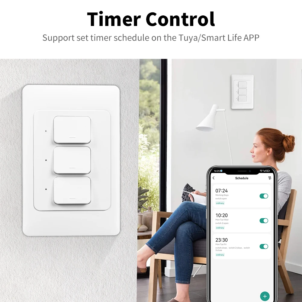 Tuya Zigbee Smart Push Button Switches US/AU Light Wall Switch 1/2/3Gang Wire Optional Timer Voice Control NO Neutral wire