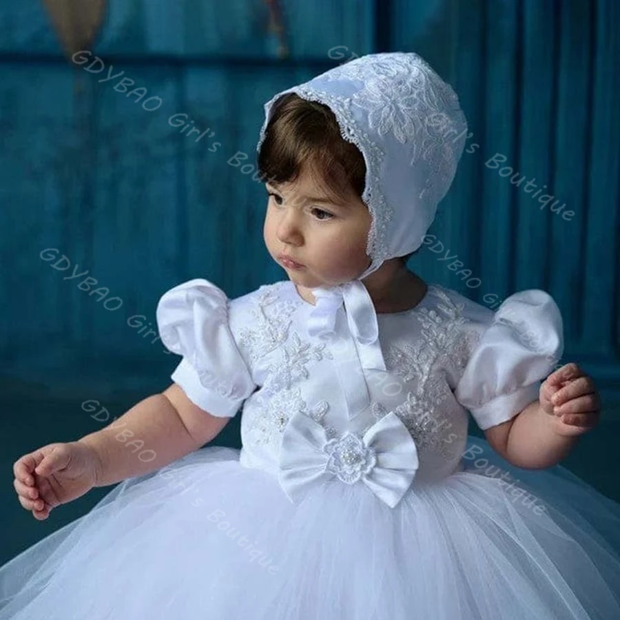 فستان التعميد الأبيض للأطفال الصغار مع ذيل قابل للانفصال وأكمام منتفخة مزين بالخرز فستان التواصل الأول فستان حفلة للفتيات على شكل زهرة #4