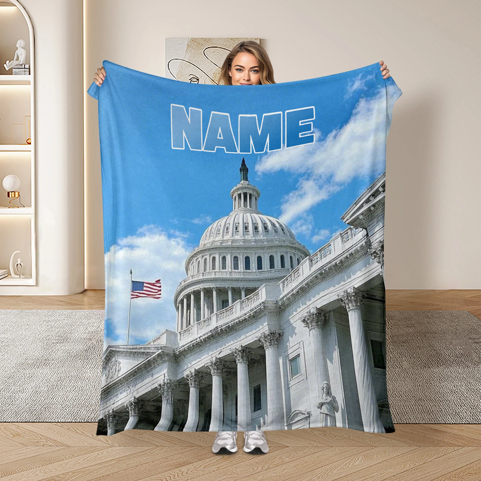 

American Themed Flannel Blanket Featuring The White House With One Customizable Text For Loved Ones