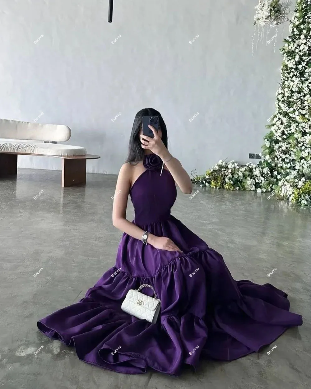 Booma Purple A-Line Prom Dresses Ruched 3D Flowers Halter Special Occasion Dress for Events Long Evening Gowns for Women