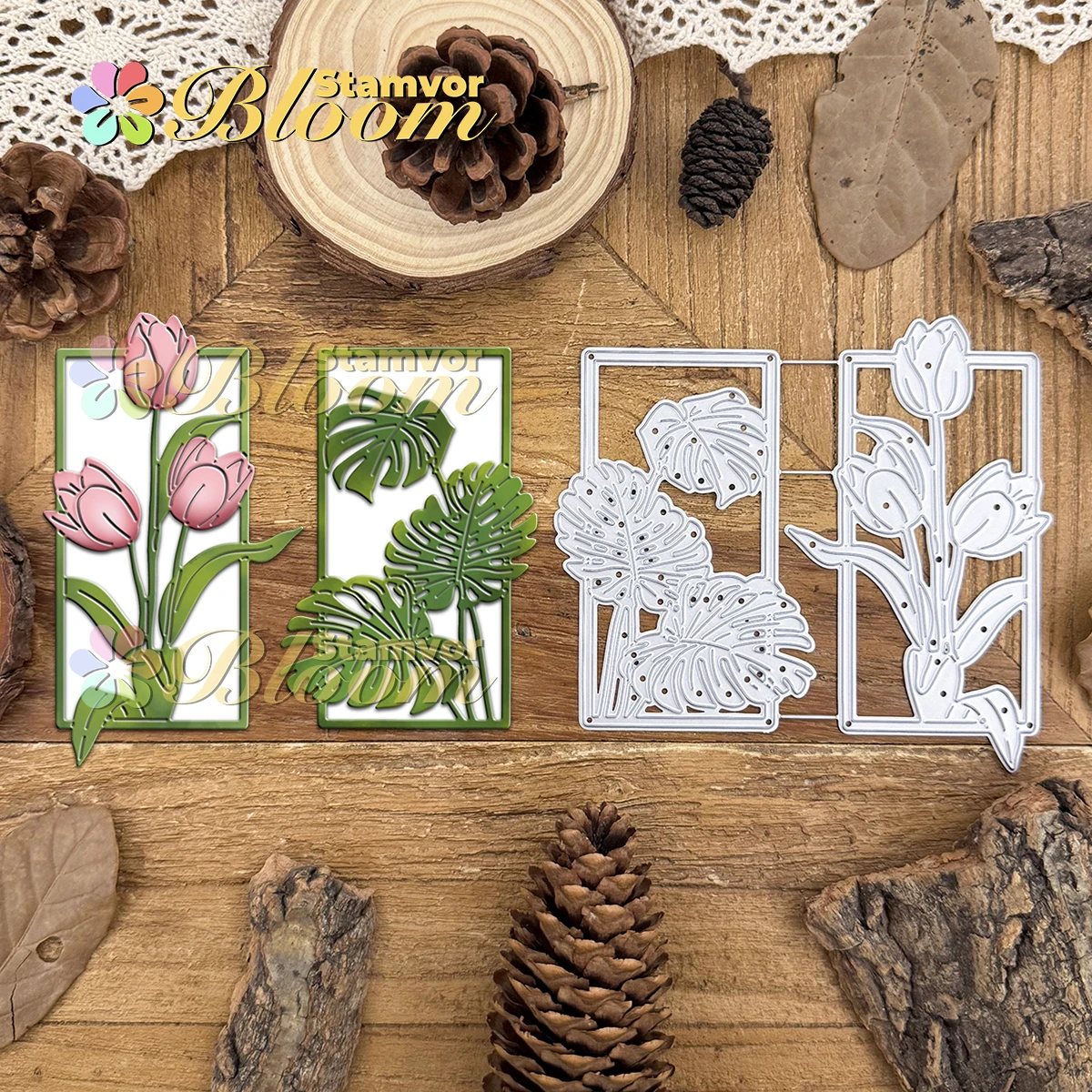 Original hermosas flores y hojas tulipanes Monstera Deliciosa marco cuadrado troqueles de corte de Metal Scrapbooking grabado decorativo