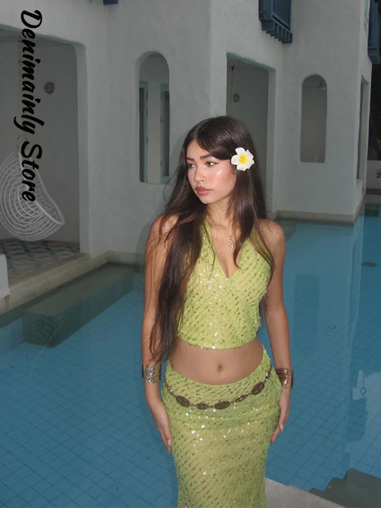 

Sexy Sequin Halter Vest Skirt Set Women V-neck Sleeveless Backless Top Hip Package Skirts 2025 Summer Lady Beach Vacation Suits