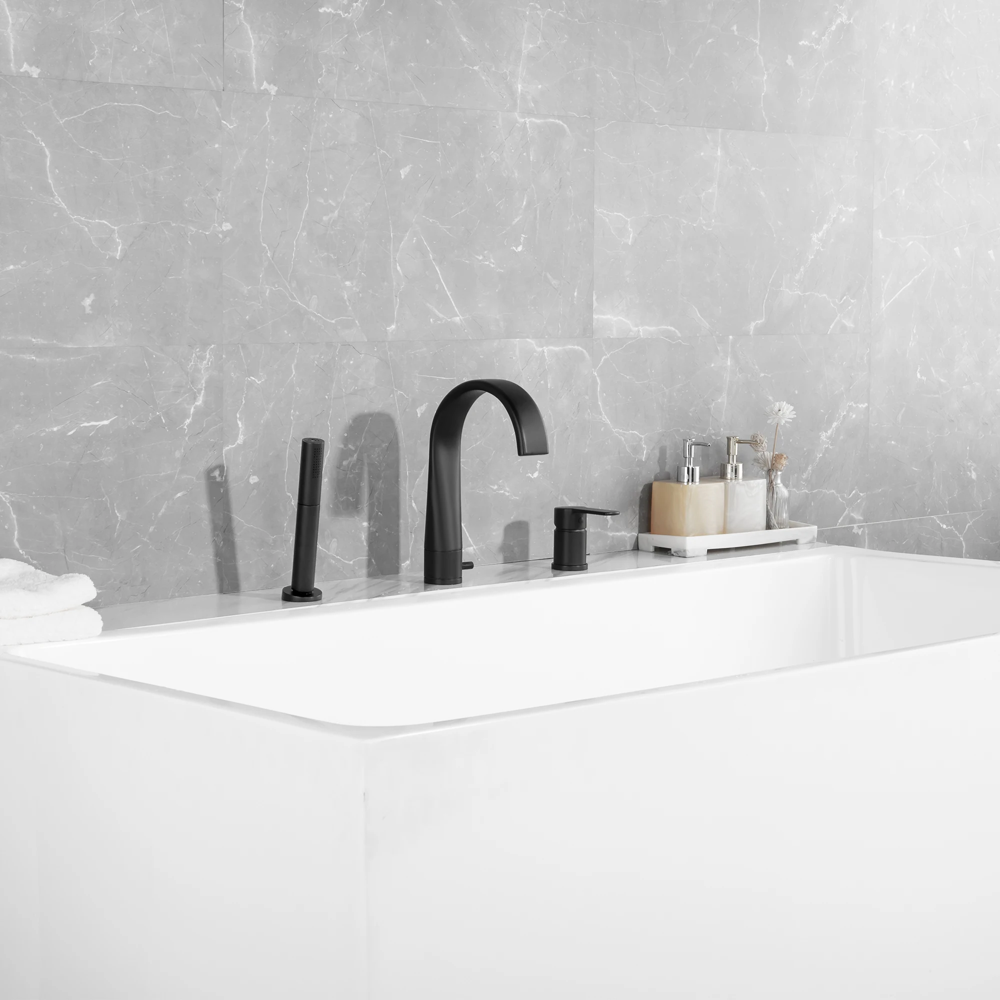 SKOWLL Simple Bathtub Split Faucet Three-Piece Set Waterfall Spout Hot and Cold Water Mixing Pull-Out Dual-Function Handheld