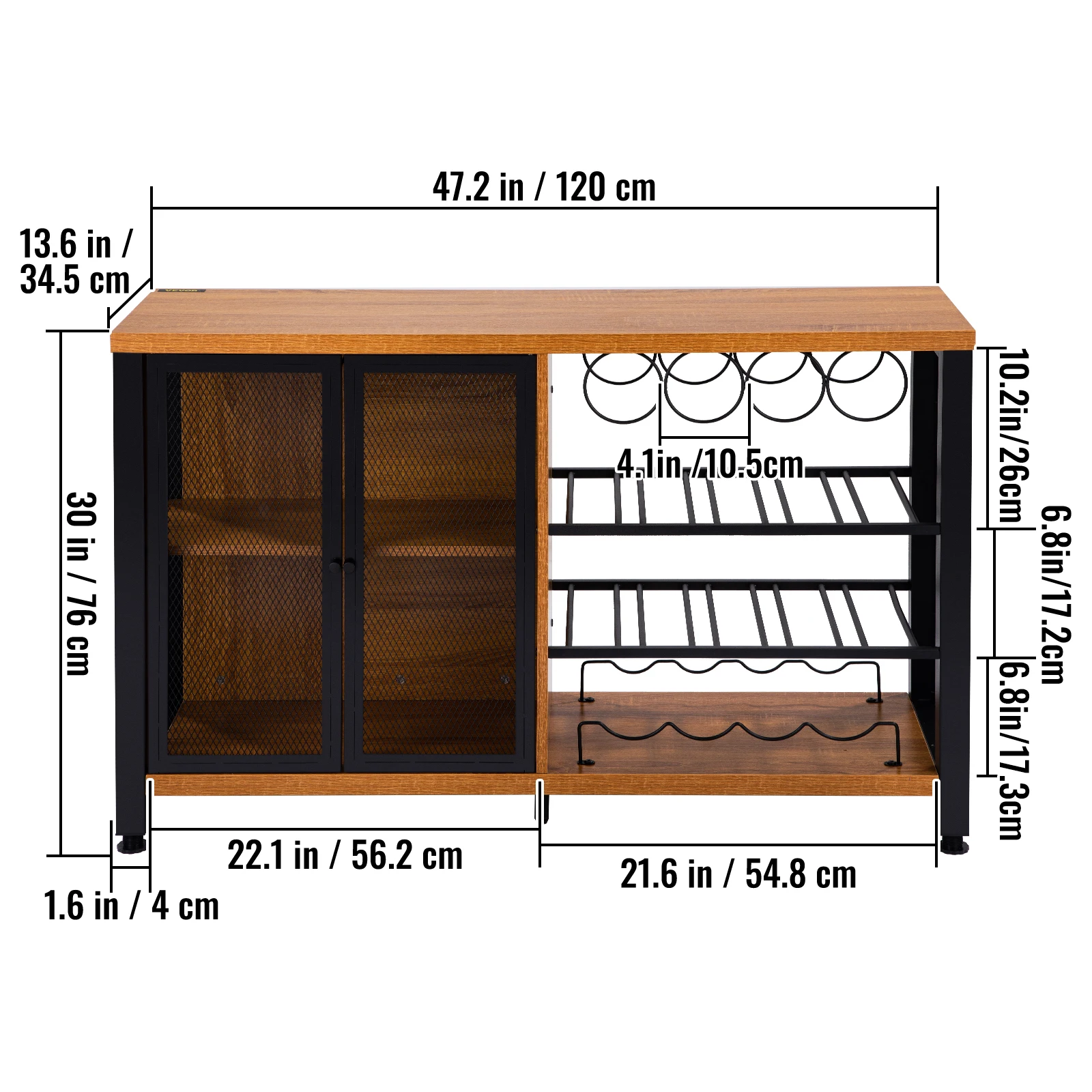 VEVOR Industrial Bar Cabinet Wine Bar Cabinet Table with Wine Rack & Glass Holder for Dining Living Room 47/55 Inch Rustic Oak