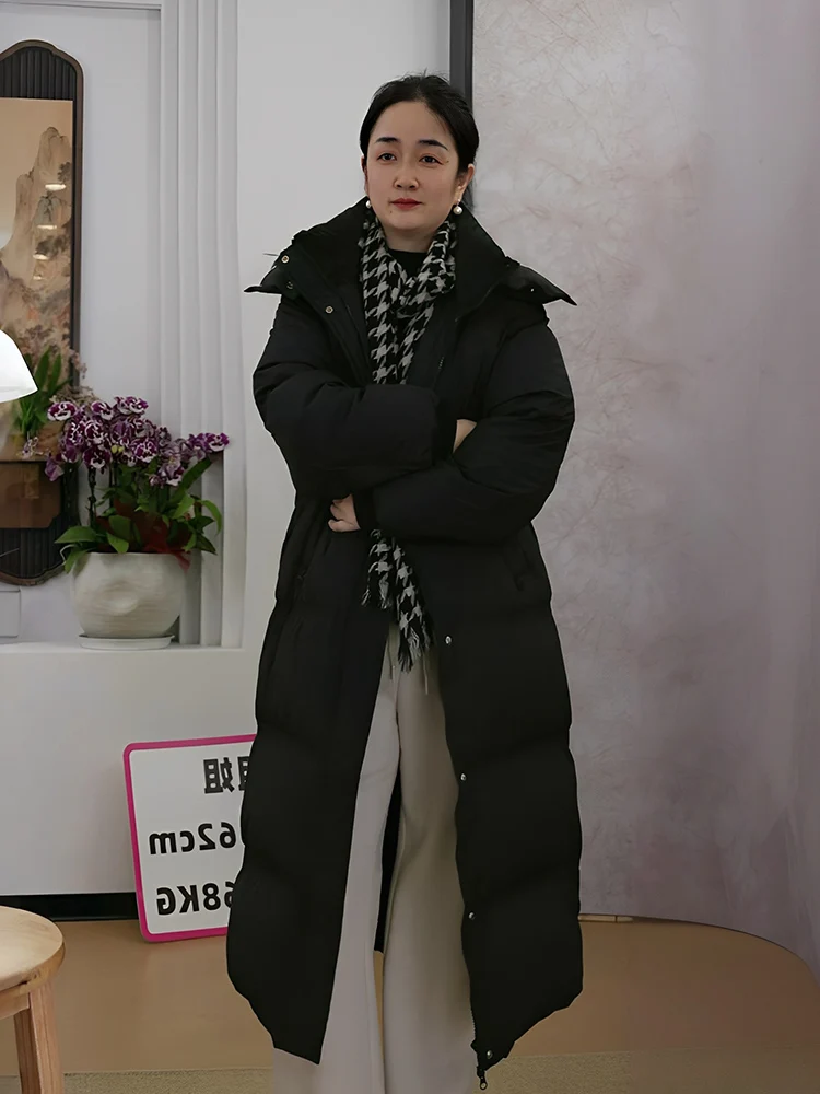 

Женская длинная пуховая куртка с капюшоном, на гусином пуху, теплая зимняя, из полиэфирного волокна, свободного кроя, 90% пухового наполнителя