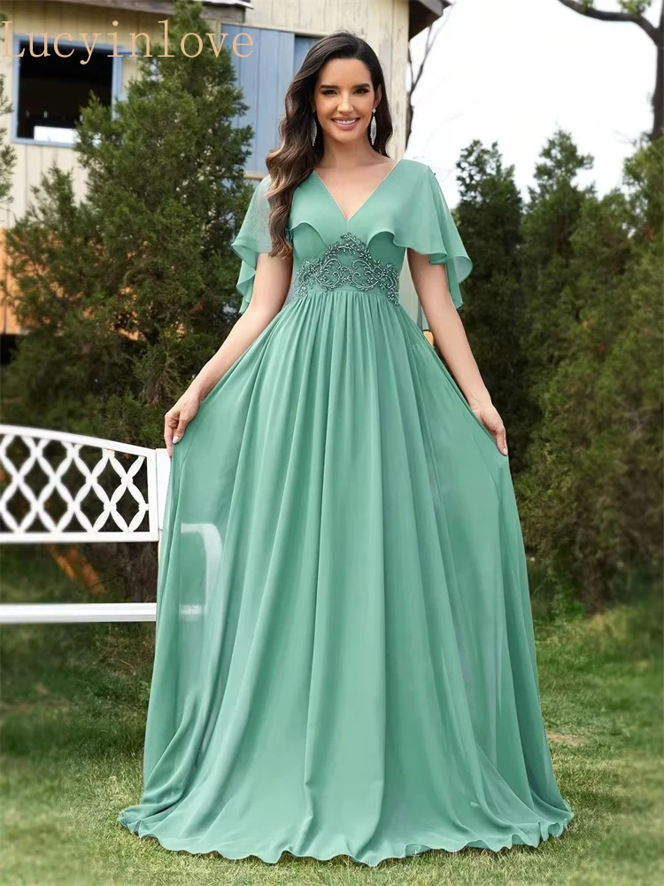 

Lucyinlove Elegant Chiffon Short sleeve Formal Evening Dresses Long 2026 Luxury Women Bridesmaid Party Dress Cocktail Prom Gowns