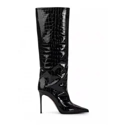 New Black Stone pattern High-heel Knee High Boots Autumn Winter Women Fashion Pole Dance Pointed Solid Color Long Boots 35-43