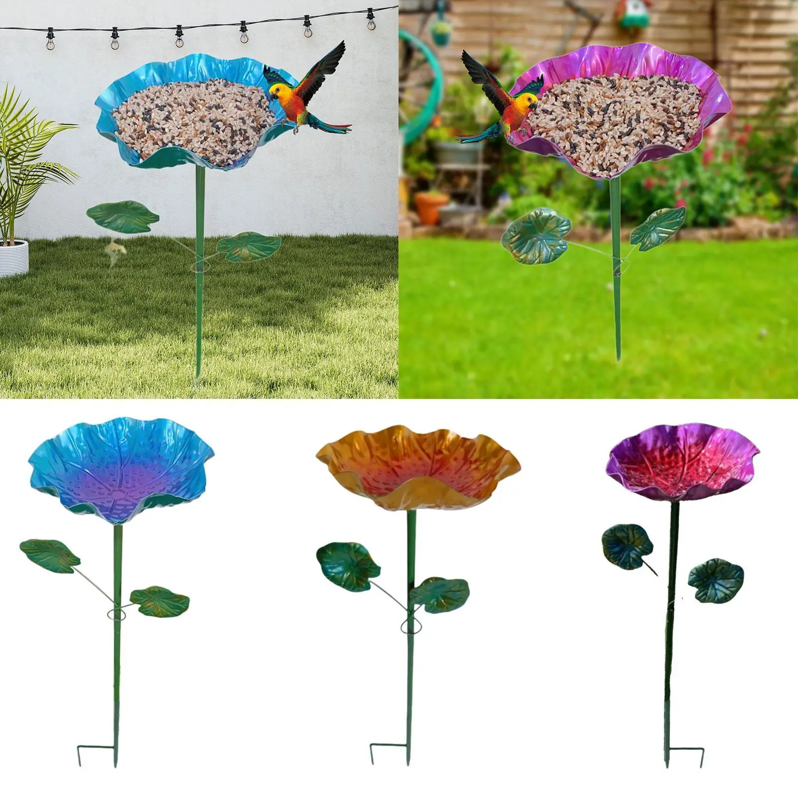 Ciotola da bagno per uccelli da giardino, mangiatoia per uccelli, piedistallo per ciotola per uccelli a forma di foglia di loto con picchetto in metallo per esterno