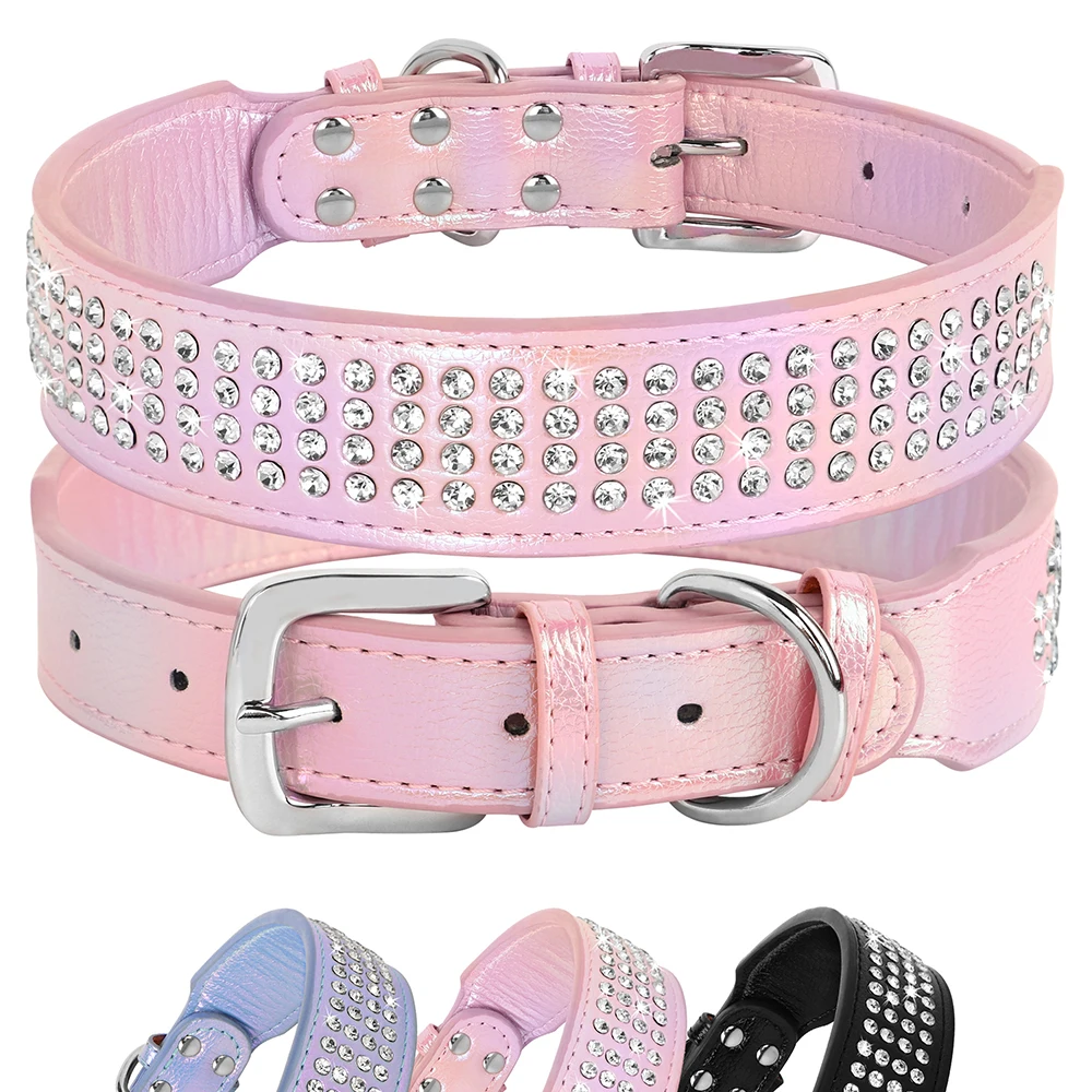 Bling Rhinestone Leather Dog Collar Glitter Crystal Studded Dog Collars Adjustable Medium Large Dogs Pitbull Collars Pet Items