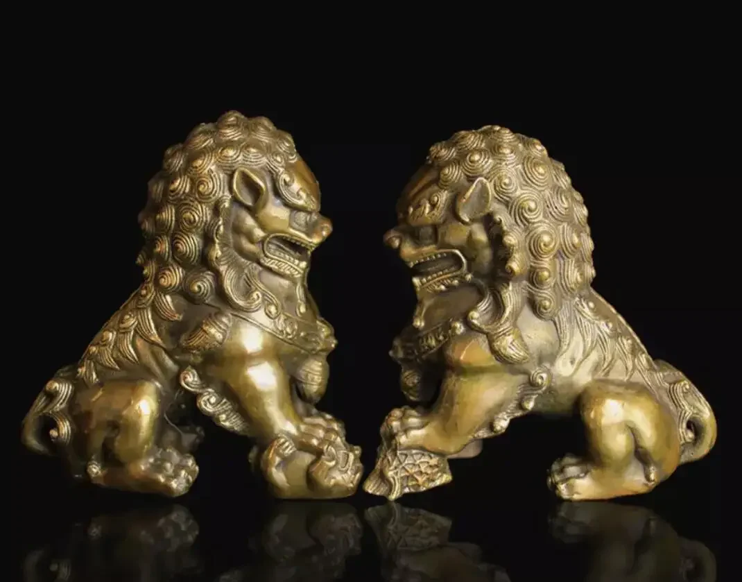 العتيقة البرونزية الباب فنغشوي الحرس فو فو الكلاب الأسد تمثال الأسود زوج #4