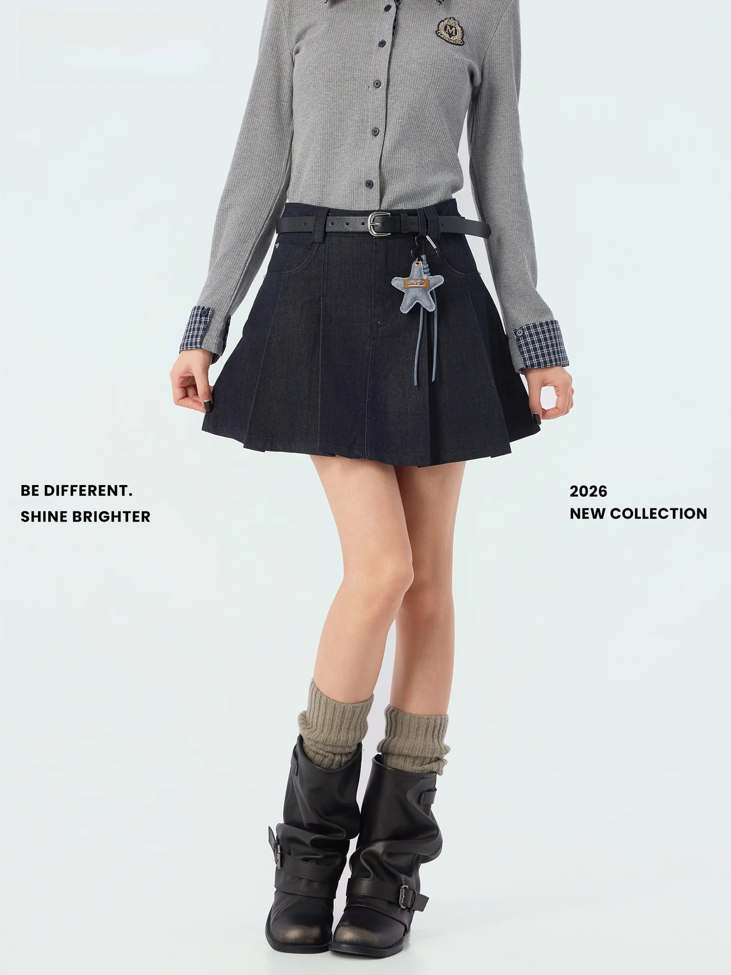 

Didimax Spring New High Waist Pleated Denim Skirt with Star Pendant Casual Cotton Blend A-Line Skirt for Women