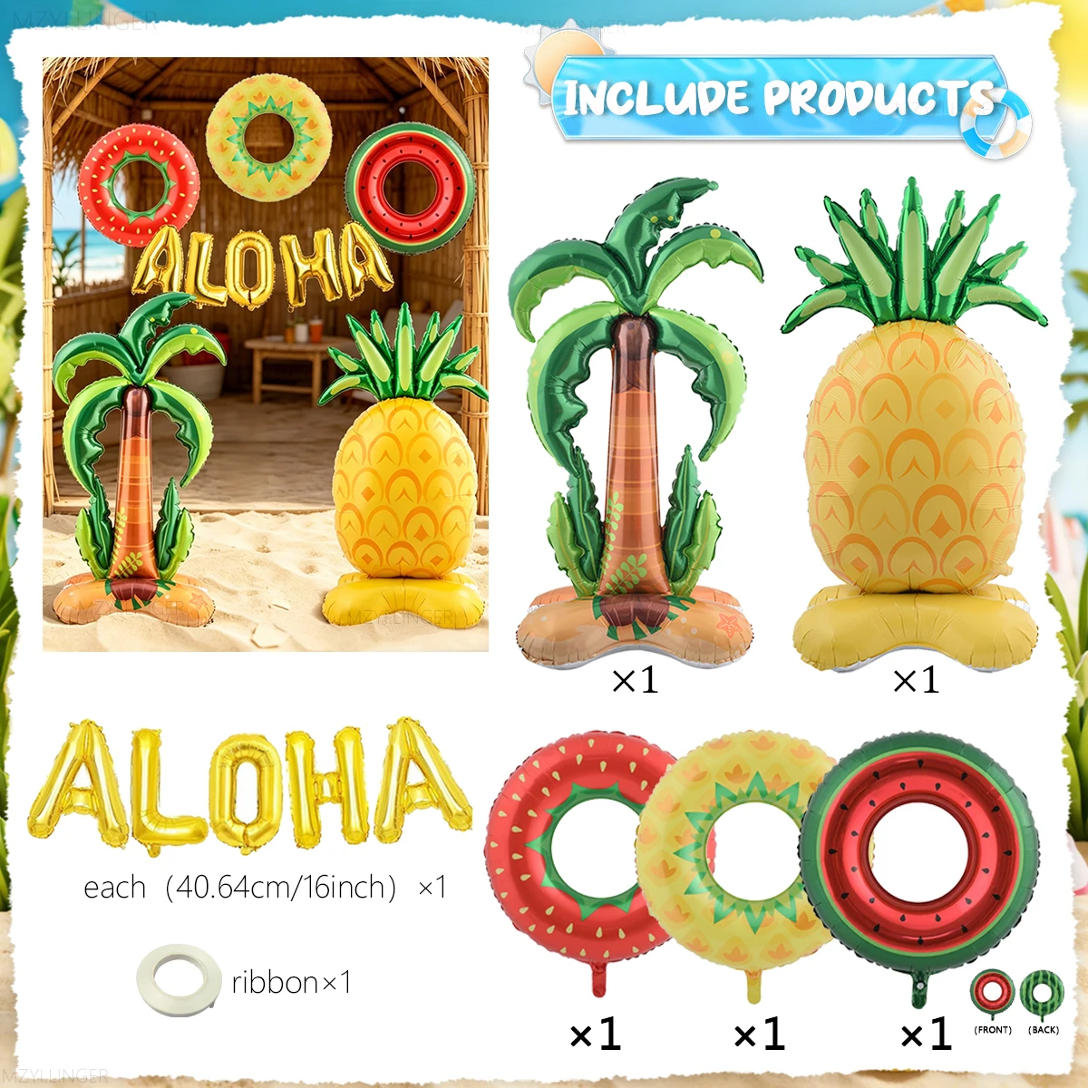 Riesiges Ananas- und Kokosnussbaum-Ballonset, Erdbeer- und Wassermelonen-Ballon, ALOHA Buchstaben-Ballon, für Hawaiianische Partydekoration – Detail 2