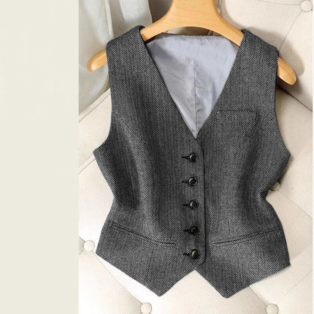 Herringbone Tweed Women\'s Sleeveless Coat V Neck Single Breasted Vest Suit for Women Suit Waistcoat Jackets 2000s Tops Casual