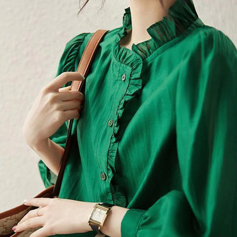 2024 New Summer Office Lady Sweat Retro Elegant Fashion Korean Style Women\'s Shirt Button O Neck 3/4 Sleeve Chic Chiffon Tops