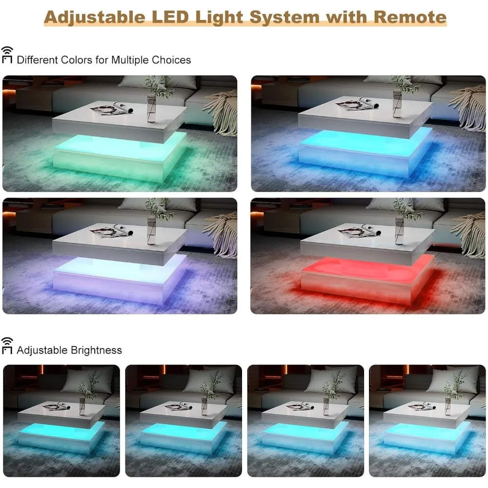 Modern Square 2-Tier Coffee Table with Storage, High Gloss Wooden Living Room Furniture Centerpiece