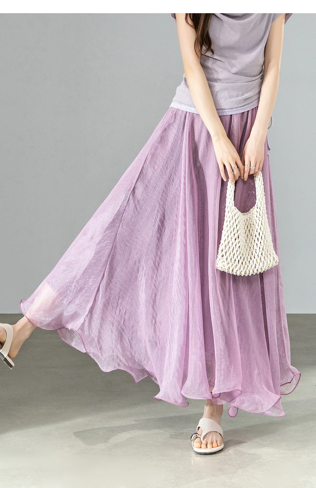 SENTUBILA Eleganter Hochgeschnittener Schimmernder Chiffon A-Linien-Rock 2026 Sommer Weißer Netzrock mit Elastischem Bund Damen-Unterteil W62QG7415 – Detail 26