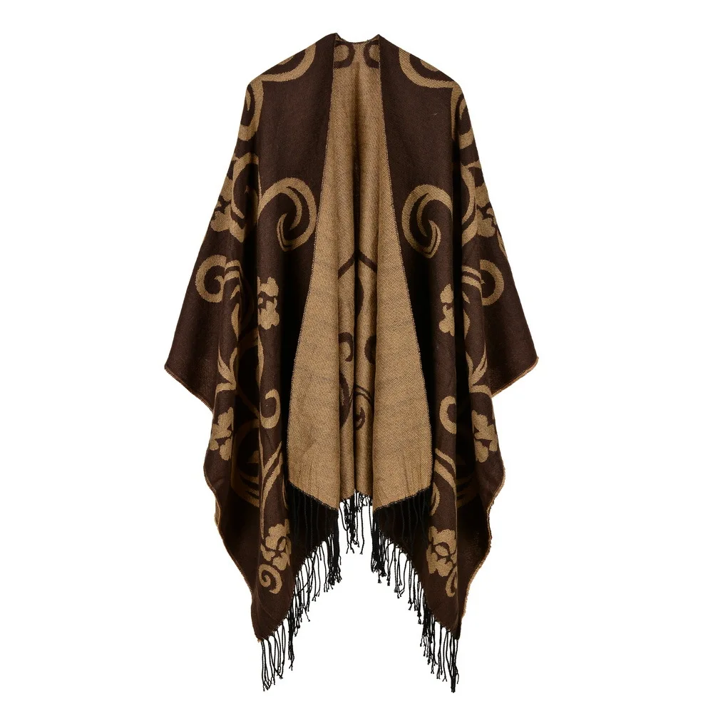 

Women's Tassel Imitate Cashmere Shawl Autumn Winter Can Be Thickened Wear on Both Sides Lady Ponchos Capes