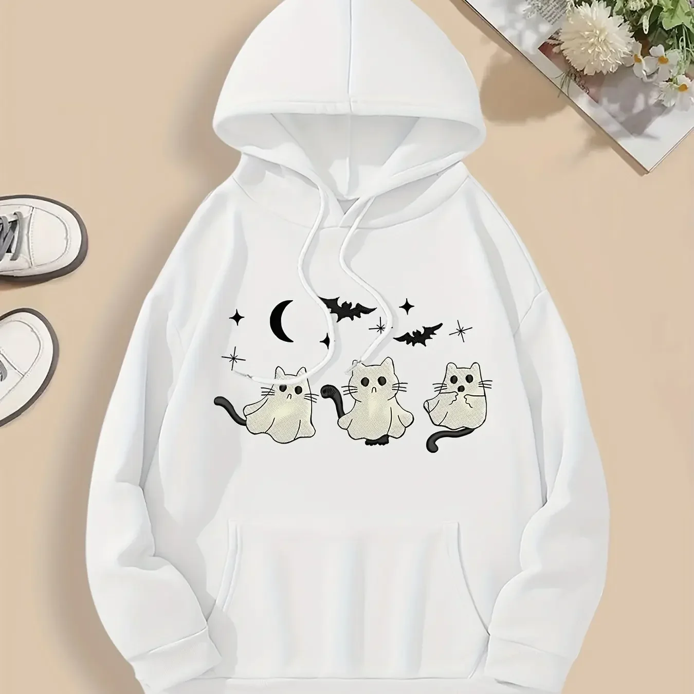 lus Size - Plus Size - Halloween Ghost Kitten Bat Hoodie Personalized Embossed Hoodie Casual Oversized Pullover