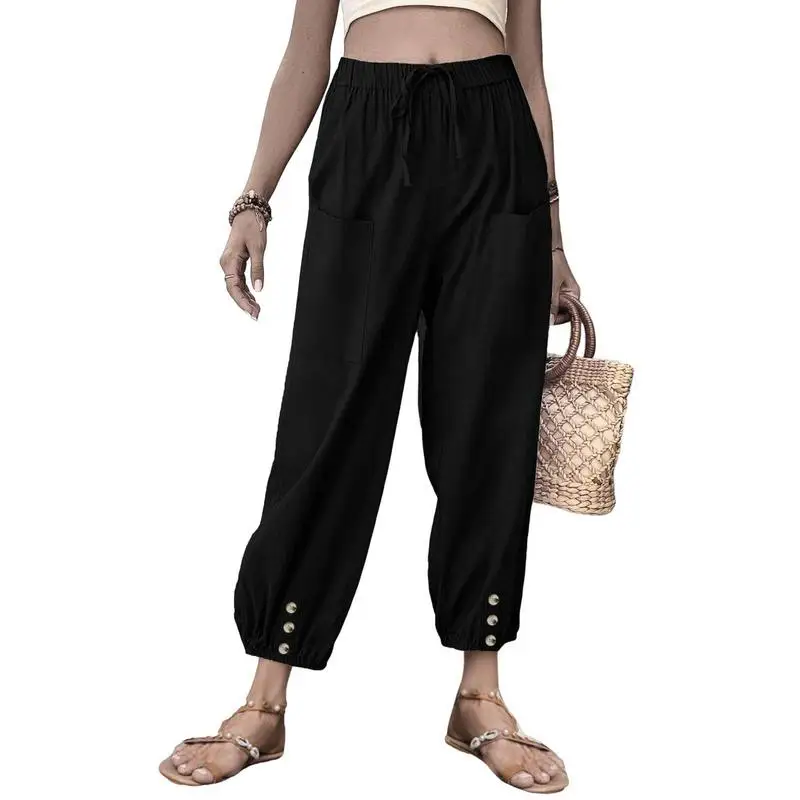 

High Waist Wide Leg Pants For Women Fashion Women's Casual Cotton Linen Pants Summer Casual Elastic Waist Loose Capri Yoga Pants