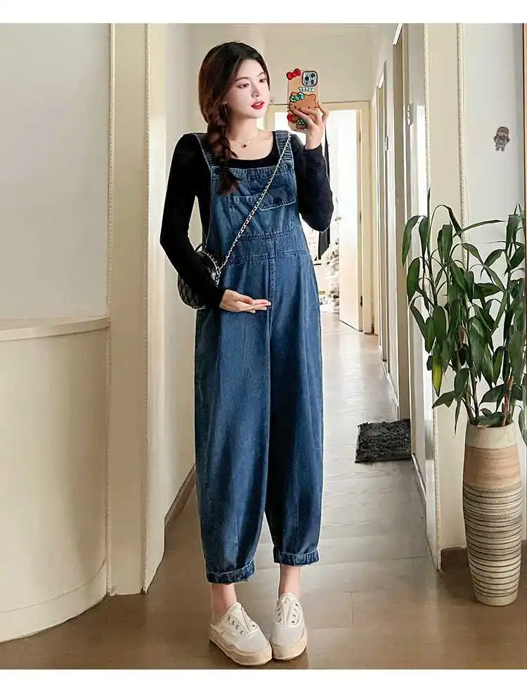 Vintage Denim Maternity Jeans Clothes for Pregnant Women 2024 Spring New Wide Leg Loose Pregnancy Overalls Pants Jumpsuits