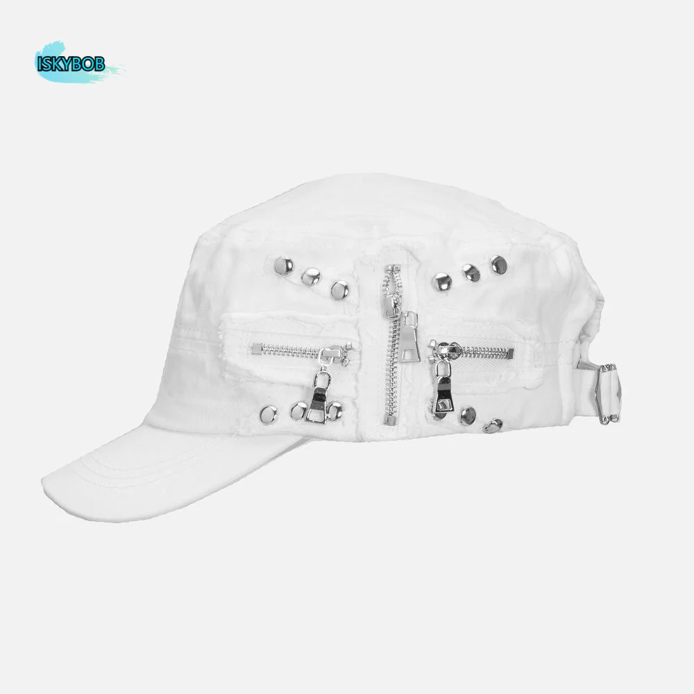 

Retro Cloth Rivet Denim Beret Y2k Zippers Equestrian Hat Spice Girls Korean Style Metal Rivet Flat Top Hat Travel