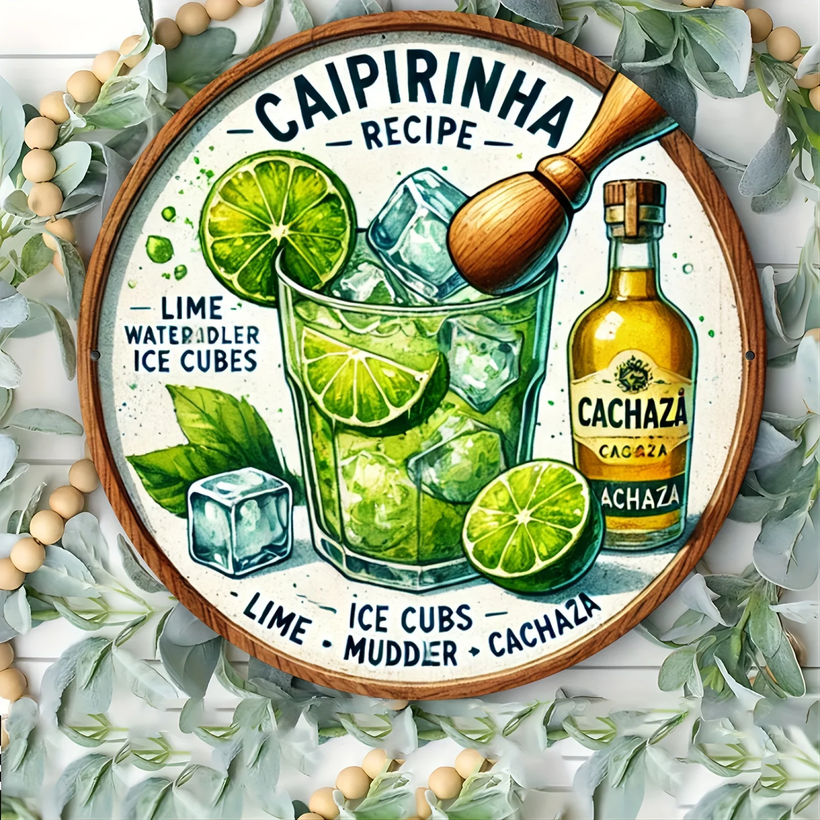 Retro-style Brazilian Cocktail Recipe Aluminum Circular Sign, with Aluminum Printing Process, Suitable for Home/kitchen