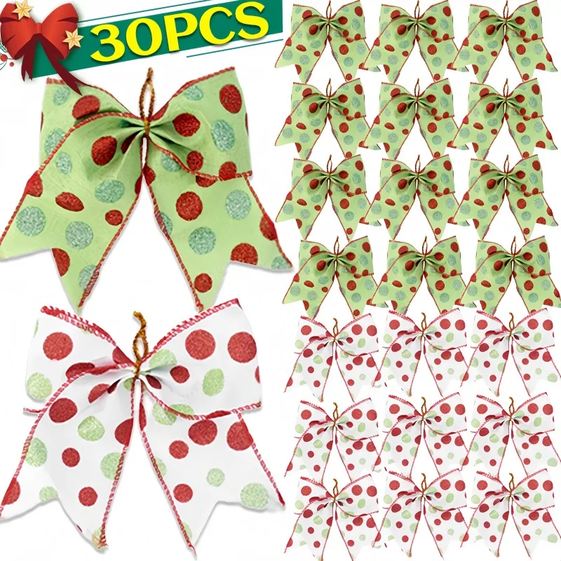 30/5PCS Christmas Bow Green Ribbons Xmas Tree Bowknot Pendant Hanging Ornaments for Home Party New Year DIY Gift Box Decoration