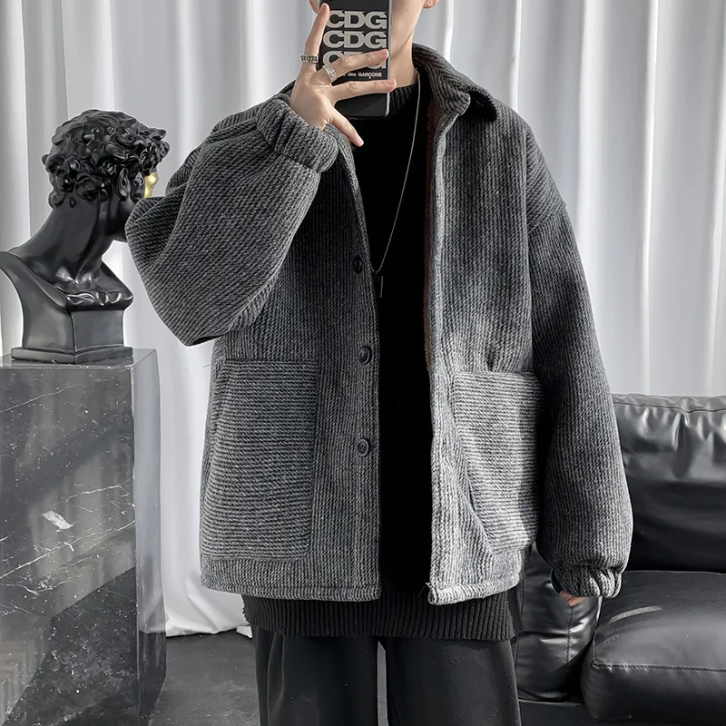 

Wool coat men's winter plush thickened casual jacket Korean version ins trendy handsome loose warm jacket