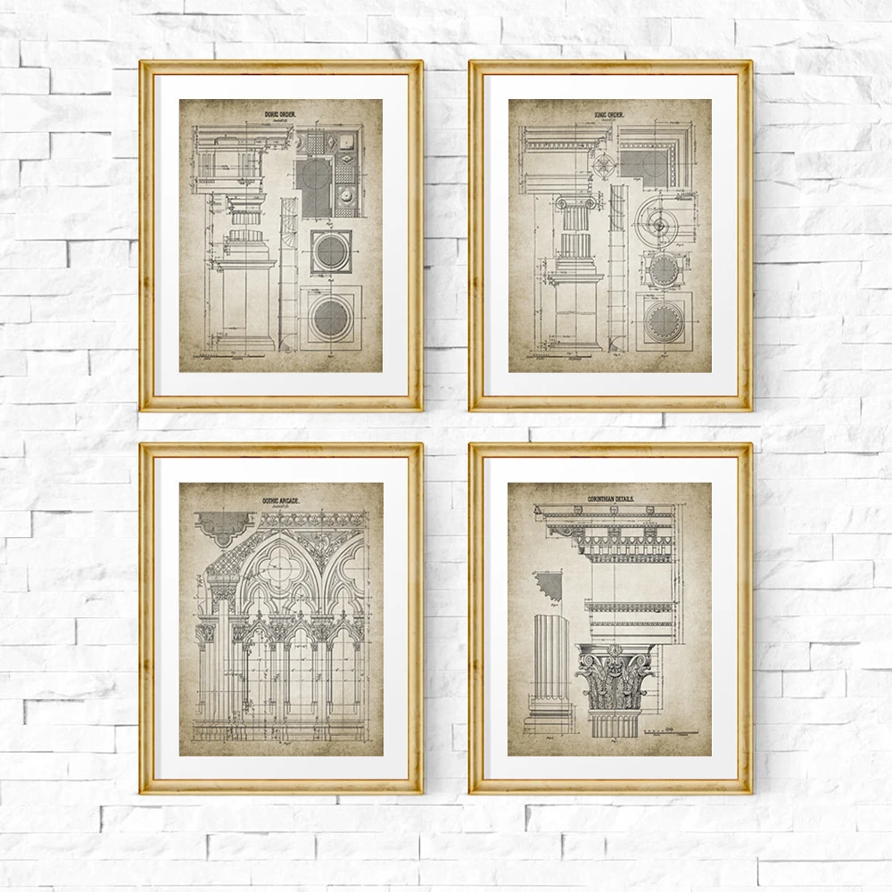 Architectural Orders Print Gothic Building Design Poster Doric Ionic Corynthian Column Canvas Painting Office Wall Picture Decor