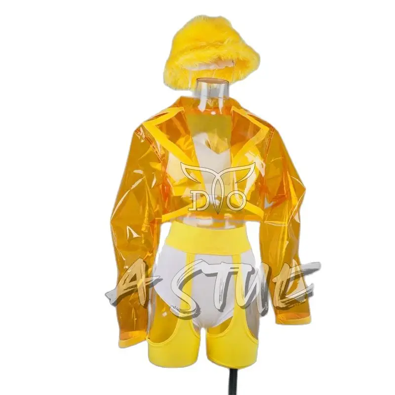 Yellow Transparent Coat Sexy Pole Dance Clothing Women Gogo Costumes Stage Jazz Outfits Bar Nightclub Dj Ds Rave Wear XS7817