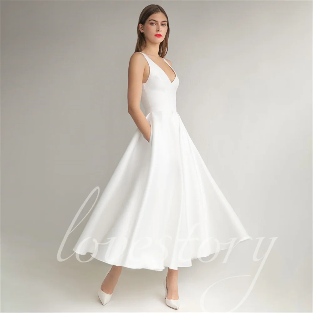 Simple A Line Wedding Dresses With Pockets Satin Mid Caf Sleeveless Bride Robes Elegant V Neck Bridal Gowns Vestidos De Noiva