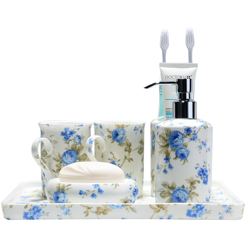 Modern Ceramic Bathroom Four Piece Set Hand Painted Flowers Decorative Storage Tray Desktop Mouthwash Cup Bathrooms Accesories