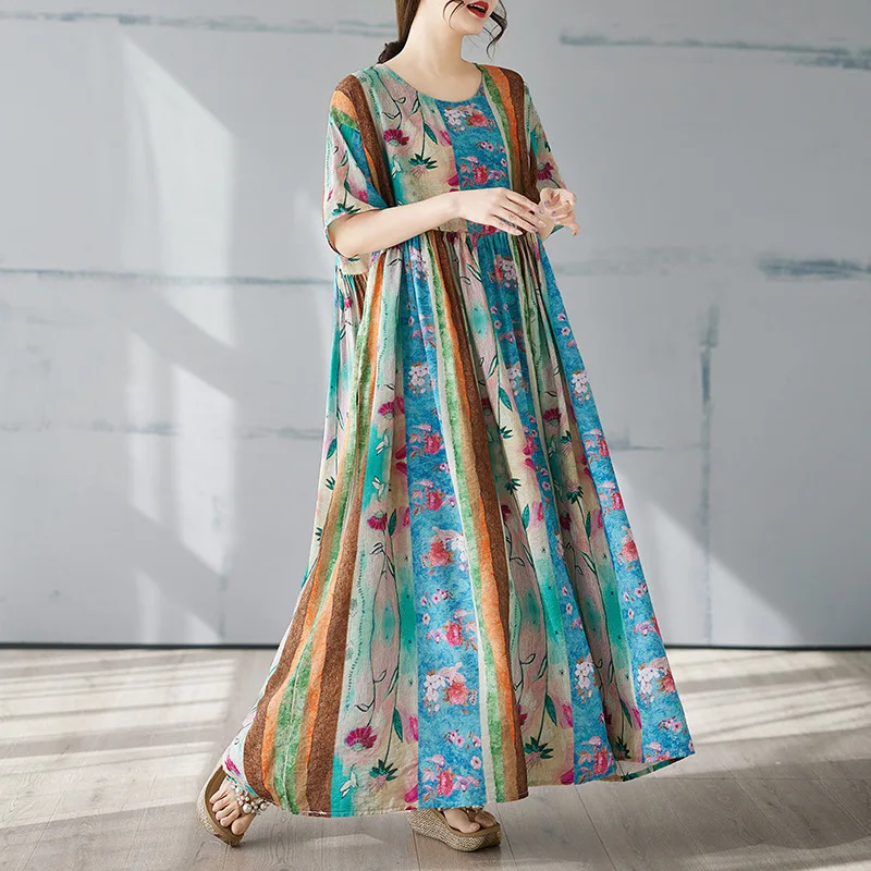 

Simple Fashion Bohemian Maxi Dress Summer Loose Fit Plus Size Short Sleeve Round Neck Floral Printed Casual Beach Dress Women