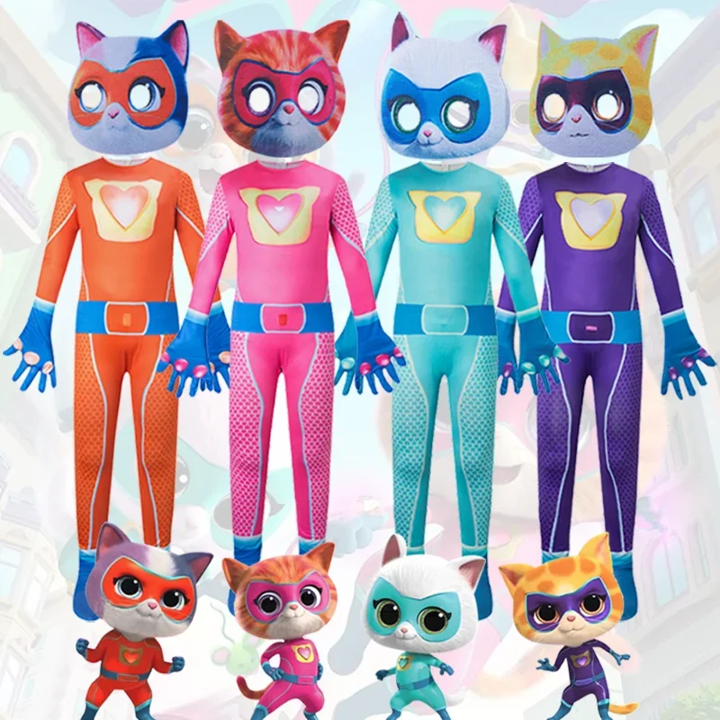 

Anime Super Kitty Full-Body Cosplay Costume Superhero Cat Zentai Suits Mask Set for Boys Girls Halloween Party Stage Performance