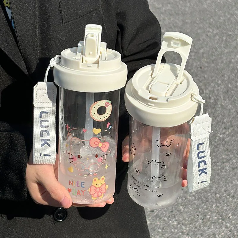 

Double Drink Plastic Water Bottle Cute Cat Straw Cup BPA Free Summer Outdoor Leak-proof Women Fruit Tea Coffee Cup 600ML