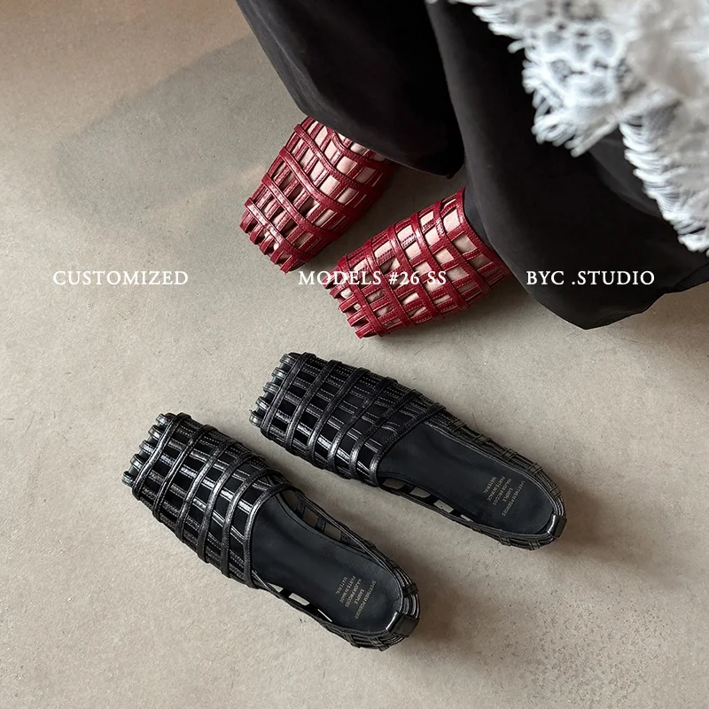 Nouvelles sandales d'été 2026 pour femmes en cuir naturel, grandes tailles 22-25,5 cm, en peau de mouton tressée, bout carré, talon bas, chaussures tendance pour femmes