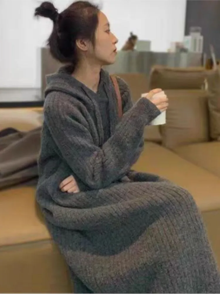

Women's Autumn Winter Korean Fashion Hooded Knitted Dresses Loose Over Knee Solid Color Woolen Warm Vestidos Casual Outfit Women