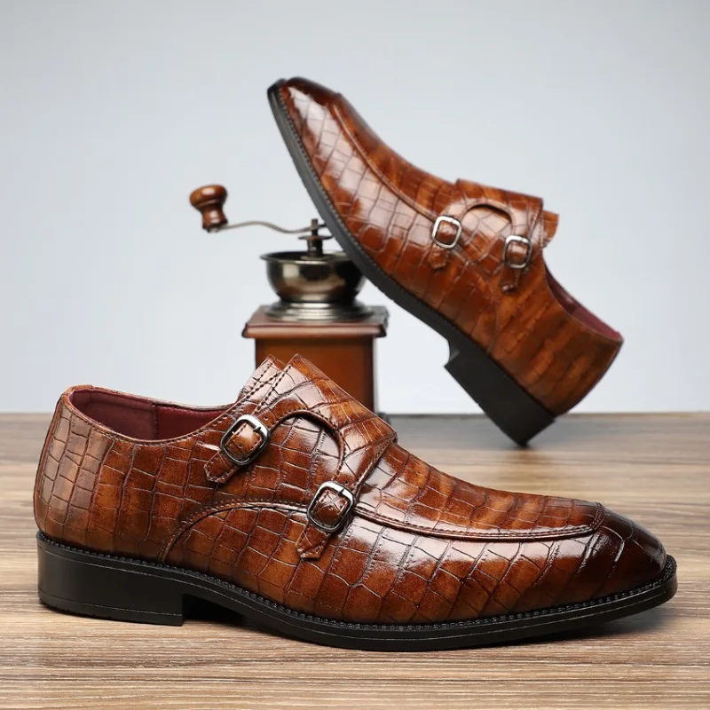 Zapatos de cuero con patrón de cocodrilo y hebilla puntiaguda para hombre, zapatos de negocios informales, banquete de boda formales para zapatos de cuero de alta calidad, novedad de 2024