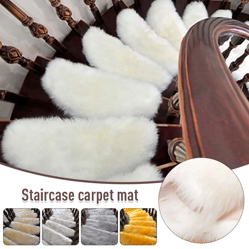 

1pc Soft Stair Step Mat Fuax Fur Step Rug Plush Floor Mat Glue-Free Self-Adhesive Thickened Silent Carpet Machine Washable