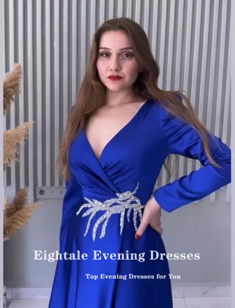 Eightale Arabic Evening Dress Satin Long Sleeves V-Neck A-Line Royal Blue Prom Gown Wedding Party Dress Vestidos De Noch